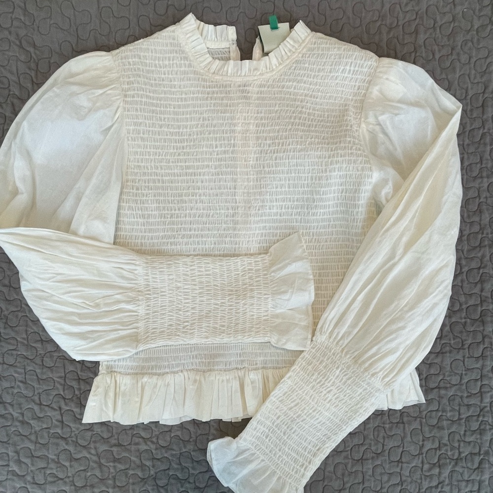 FARM Rio White Ribbed Ruffled Blouse